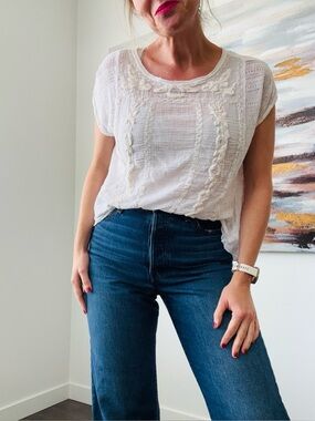 LUCKY BRAND White Asymmetrical Lace Mix Crochet Boho Top